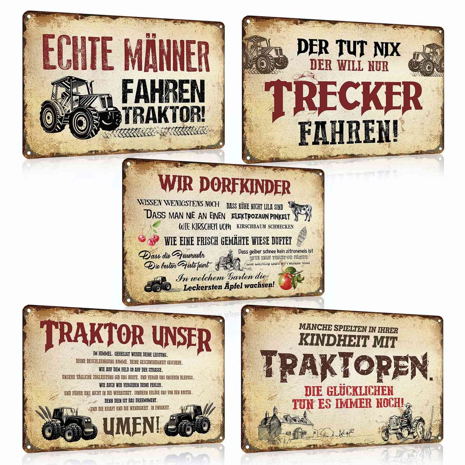 5er Set Retro Blechschilder Traktor Lustiger Spruch - ECHTE MÄNNER FAHREN TRAKTOR - WIR DORFKINDER - TRAKTOR UNSER - Vintage Trecker Schild Wand Deko Metallschild Poster Türschilder Geschenk 20x30cm