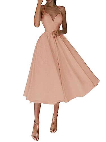 Elegantes Kleid mit V-Ausschnitt,Damen V-Ausschnitt Spaghetti-Träger Rückenfrei Cocktail Party Kleid Formal Brautjungfer Sonnenkleid (Apricot,S)