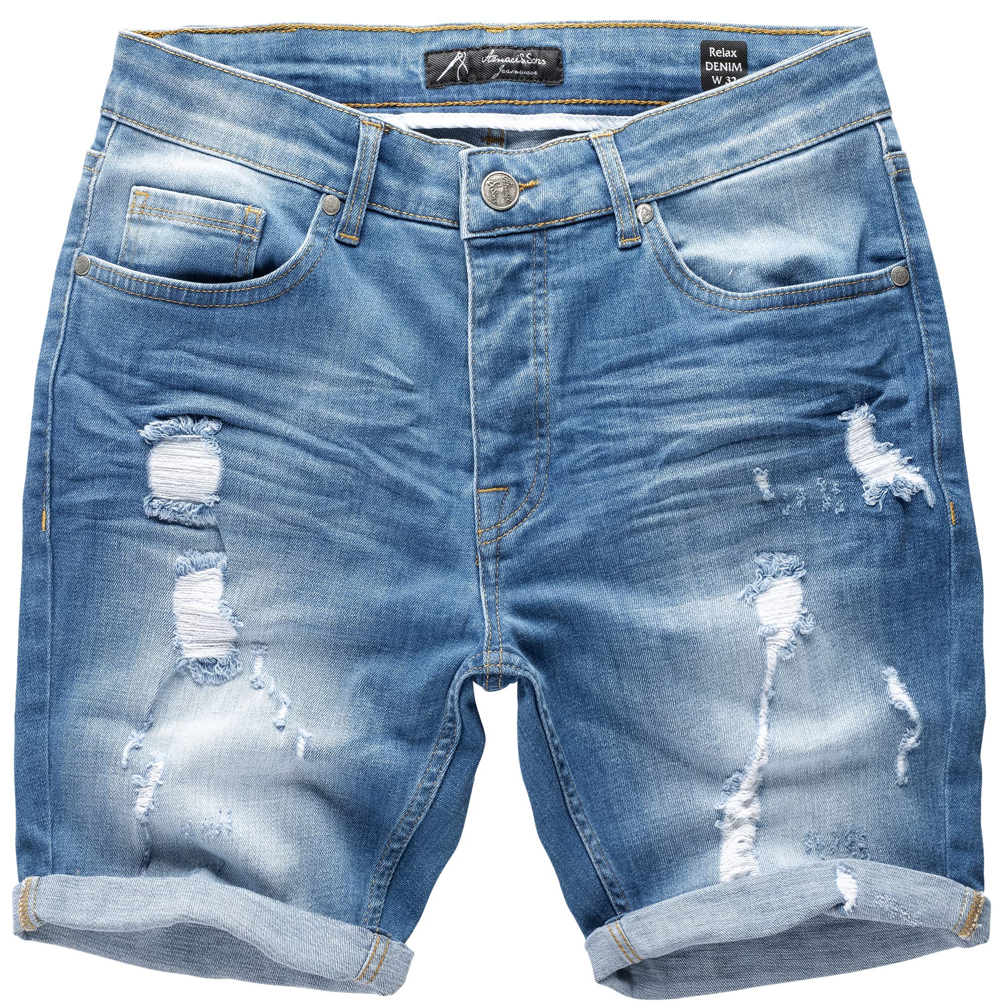 Amaci&Sons Herren Destroyed Jeans Shorts Kurze Hose Sommer Bermuda 7979 Hellblau W34