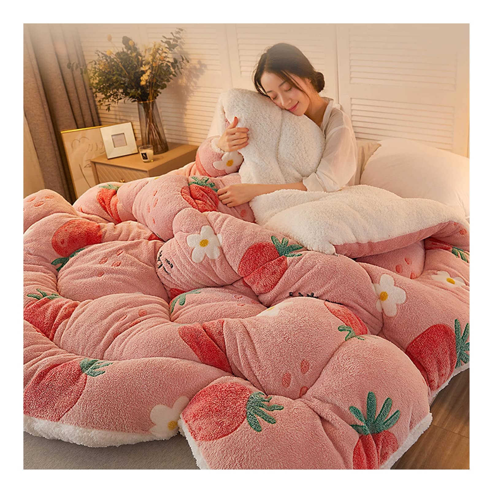 Uziqueif Winterbettdecke, Super warm Lamm-Steppdecke, 2,5-5 kg Winter-Decke Doppelseitige Fleece-Steppdecke, Verdickt Warm Plüsch-Decke Einfarbig Daunendecke,Rosa,200×230cm(3kg)