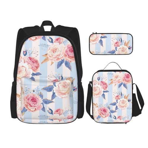 WURTON Schulrucksack-Set mit Blumenmuster, gestreift, 3-in-1, mit Lunchbox, Federmäppchen, Reise, Laptop, Tagesrucksack