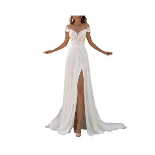 Hochzeitskleider für Eine Linie von Schulter Sexy v Hals High Slit Empire Taille Tüll Spitzenapplikation Plus Größe Brautkleid Weiß Plus 46, ESBANT, Elfenbein, 36