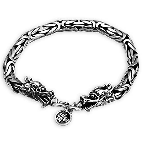 VOYADE Herren S925 Sterling Silber Drachen Armband, Gothic Vintage Thai Silber Doppel Drachenkopf Motorrad Armband,Silver 4mm,19cm