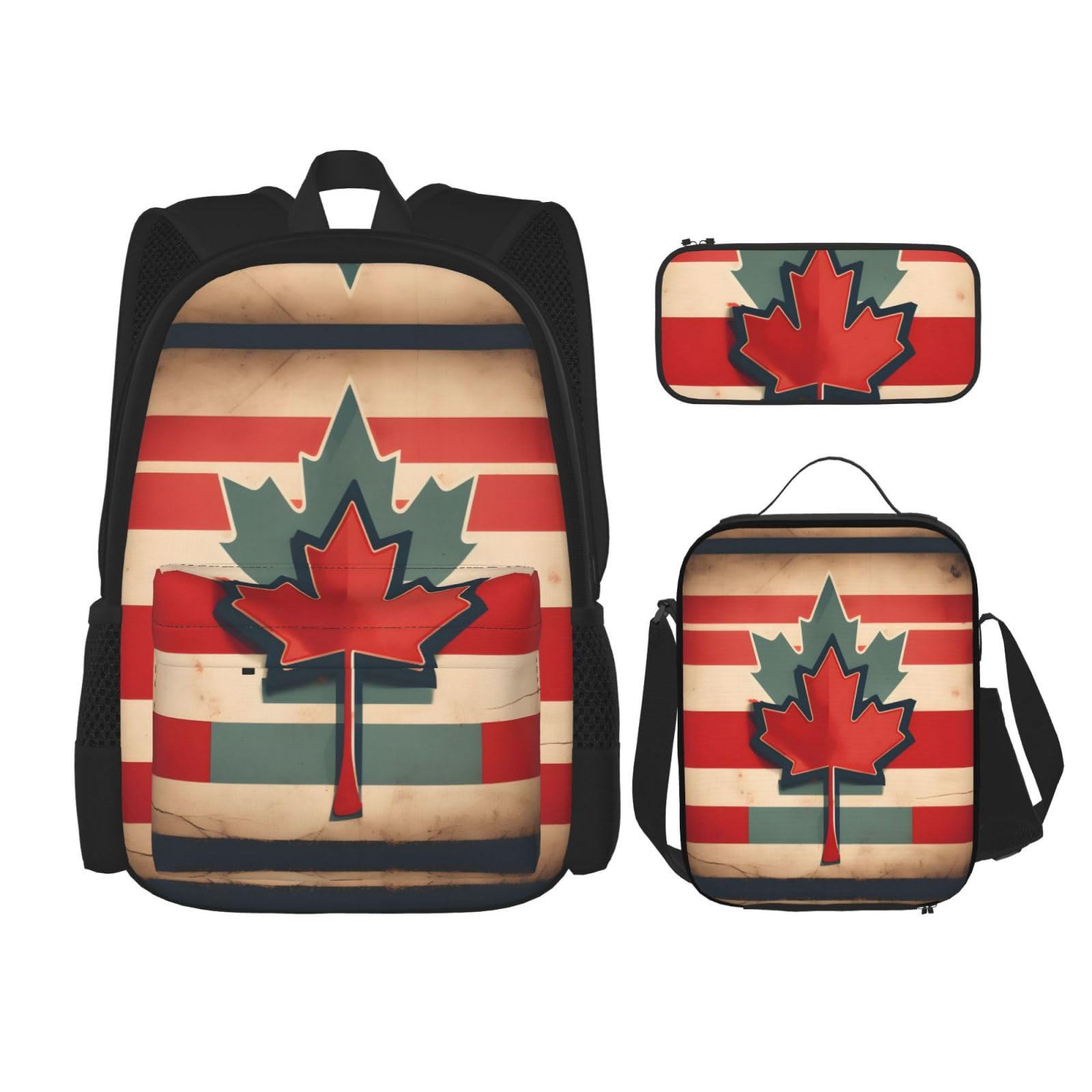 WURTON Retro Kanada Flagge Muster Druck Reise Lunchbox Federmäppchen Rucksack Set 3 Stück Verstellbare Träger Leicht, Schwarz, Einheitsgröße, Schwarz , Einheitsgröße