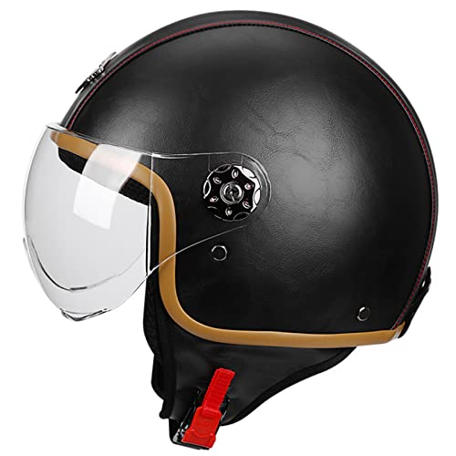 3/4 Motorradhelm, Pu-leder Jethelm, Vintage Motorrad Modularhelm, Vierjahreszeiten Lokomotive Rollerhelm mit High-definition-linse Unisex, Ece/dot Zugelassen,Schwarz,L