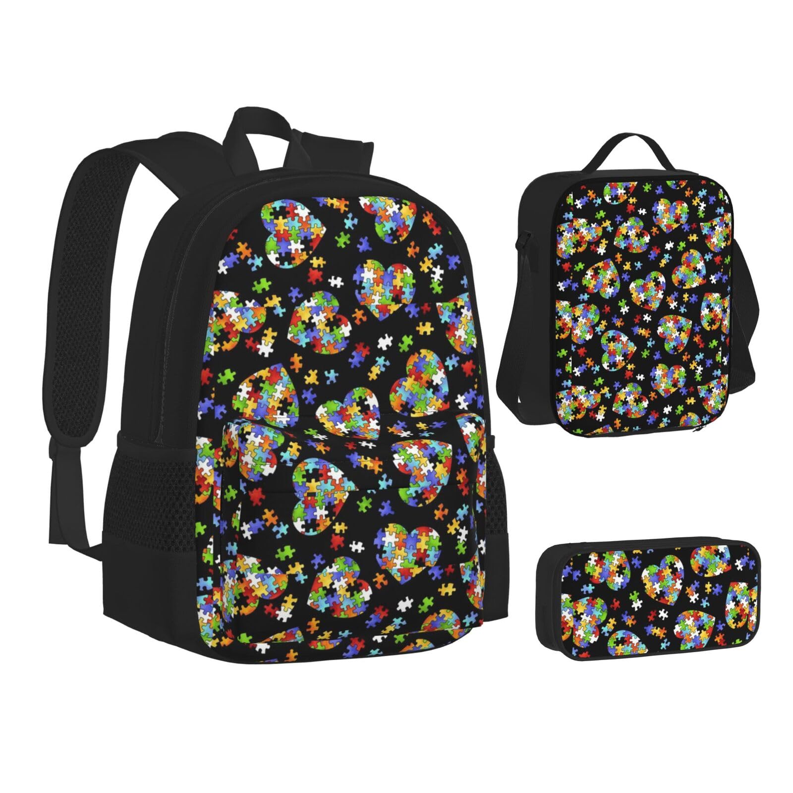 WURTON Autismus-Bewusstseins-Puzzleteile, Herzdruck, Rucksack, Lunchbox-Set, 3-in-1-Rucksack und Federmäppchen, passende Kombination, Schwarz, Einheitsgröße