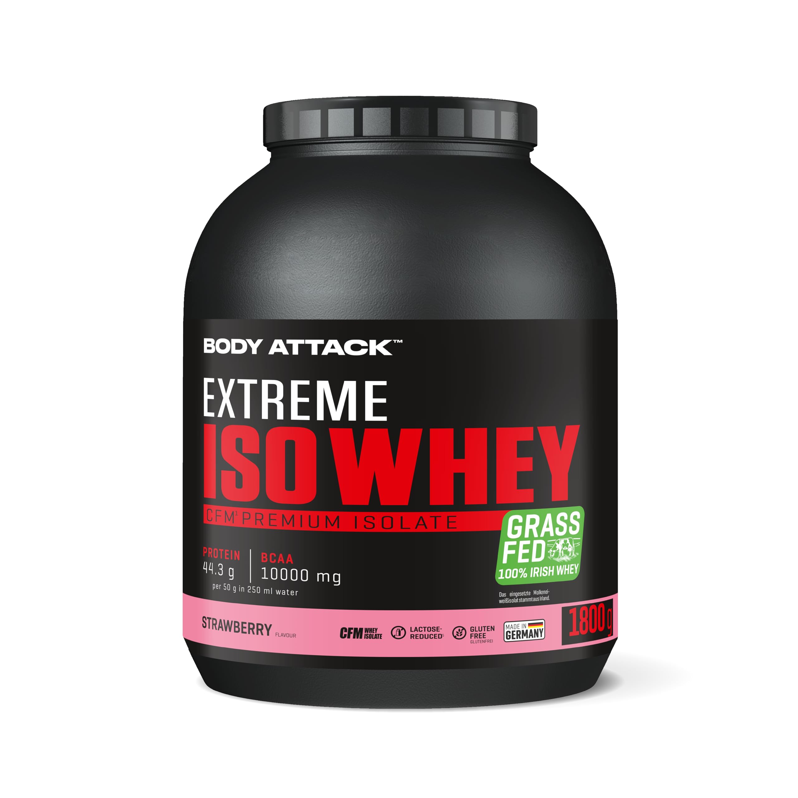 Body Attack Extreme Iso Whey - Strawberry, 1,8 kg - CFM Whey Protein Isolat aus 100% irischer Weidemilch, glutenfrei, reich an EAAs, perfekt löslich, fettarm, ohne Aspartam, 90,6% Isolat-Anteil