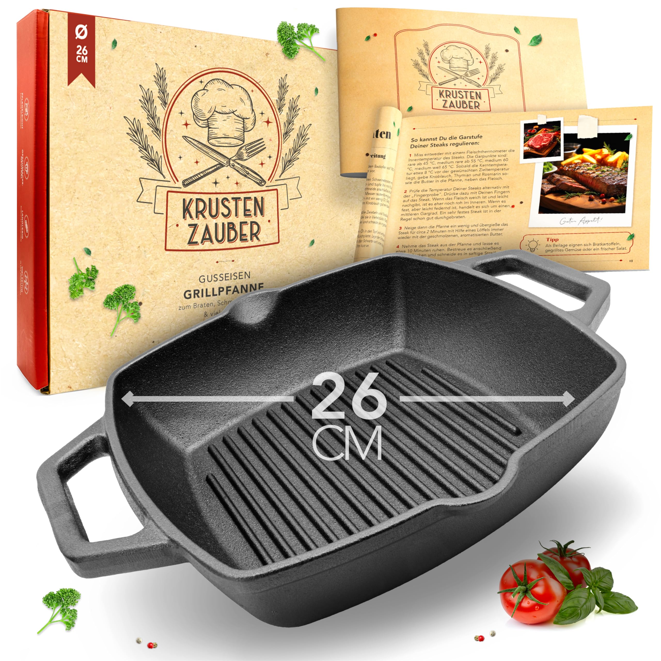 KRUSTENZAUBER 26cm Grillpfanne Induktion Doppelgriff - Geriffelte Gusseisenpfanne Induktion - Ideale Gusseisen Pfanne, Eisenpfanne, Cast Iron Pan, Bratpfanne, Gusseiserne Pfanne Skillet Gusspfanne