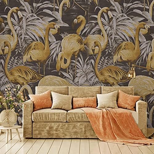 XLMING Handbemalte Goldene Flamingo-Pflanzenblätter 3D Tapete Home Dekoration Wohnzimmer Sofa Schlafzimmer Tv Hintergrund Wand-300cm×210cm