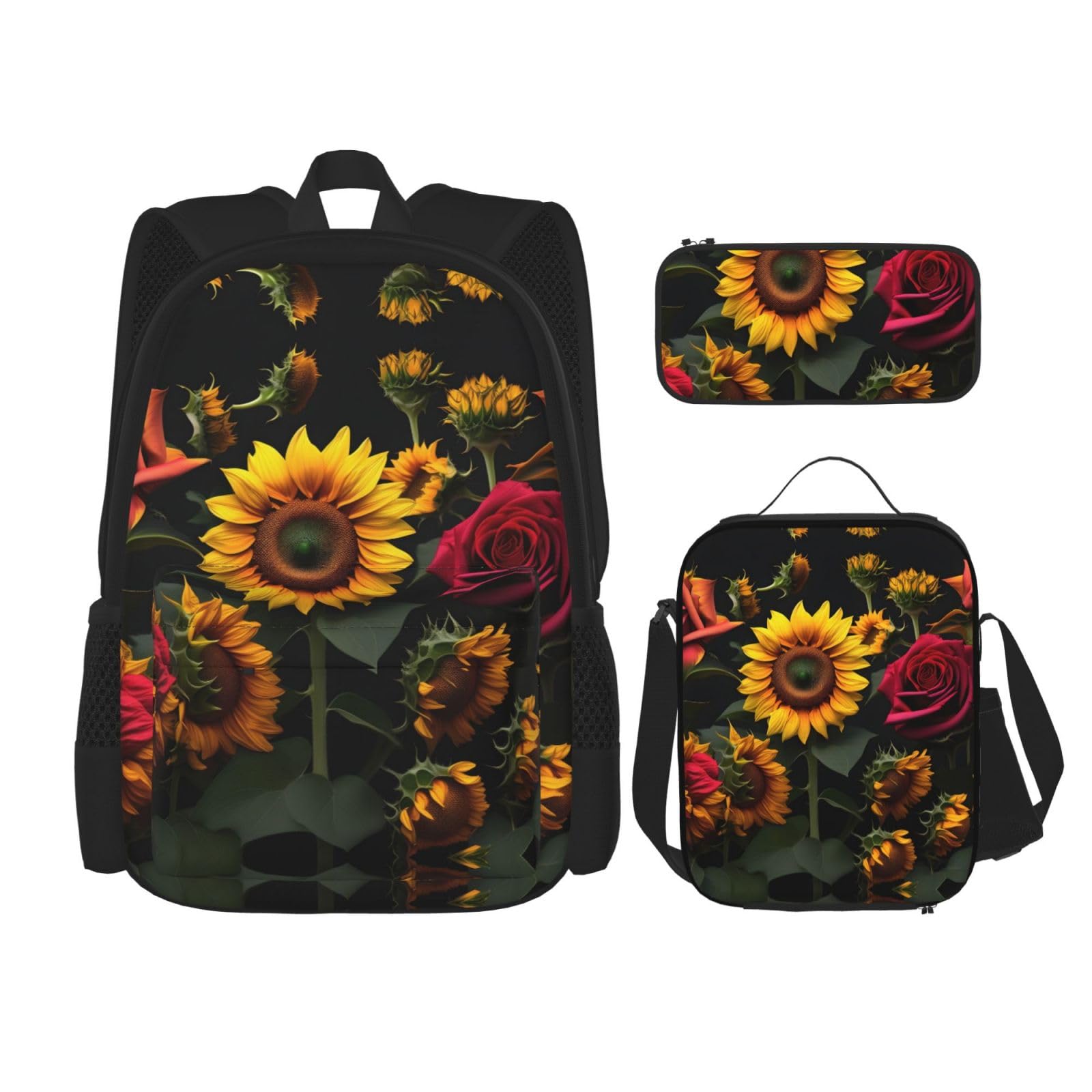 WURTON Lunchbox mit Sonnenblumen-Rosen-Druck, Federmäppchen, Rucksack-Set, 3-teilig, verstellbare Riemen, langlebig, leicht, Schwarz, One Size