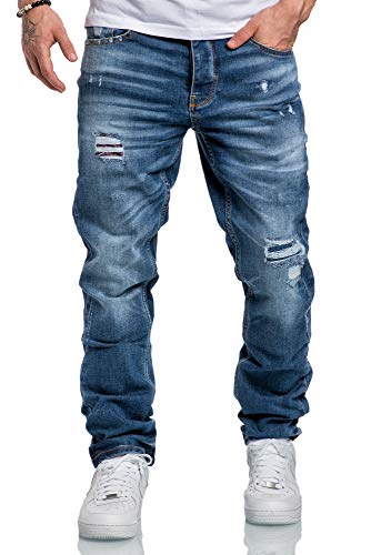 Amaci&Sons Herren Jeans Regular Straight Fit Denim Hose Destroyed 7984 Hellblau (Patches) W32/L32