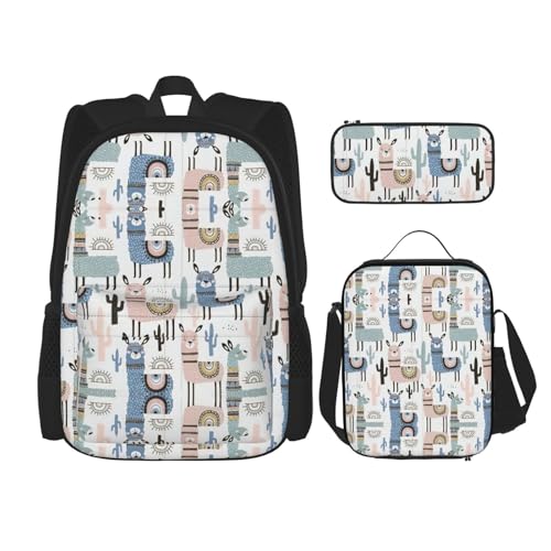 WURTON Schulrucksack-Set mit Lama-Alpaka-Kaktus-Druck, 3-in-1-Büchertaschen-Set mit Lunchbox, Federmäppchen, Reise-Laptop-Tagesrucksäcke