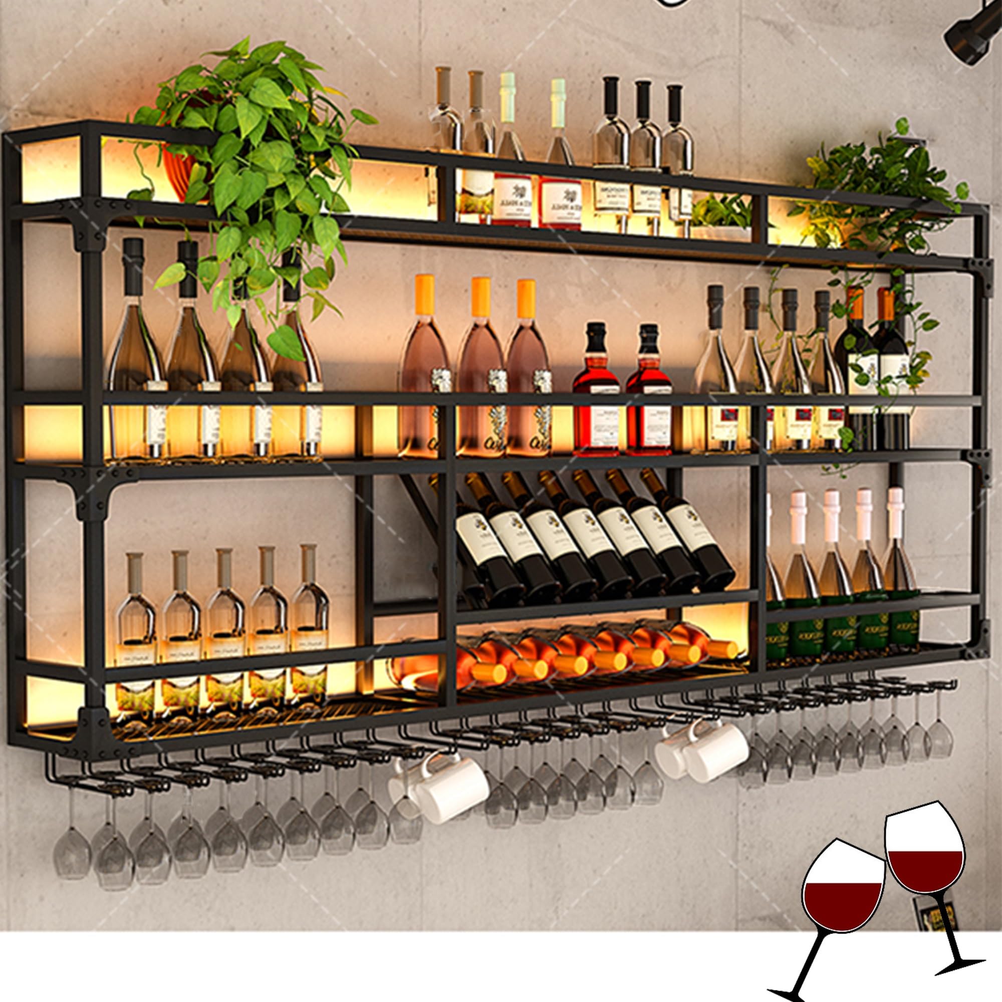 HSJFS Weinregal Wand Befestigte Bar Regale Mit Hängendem Wein Glas Rack Alkohol Flasche Display Regal Mit Geführtem Licht Schwimmende Bar Regale Whiskey Regal Küche Wandschrank Für Home Bar Esszimmer