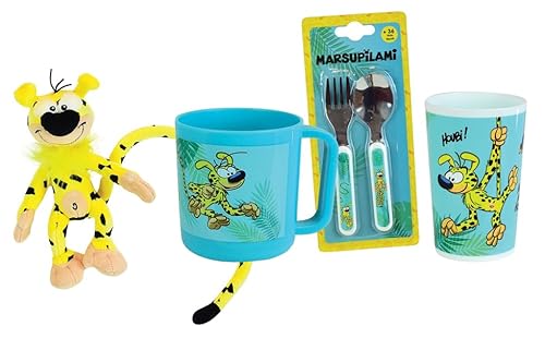 Marsupilami Geschirrset für Kinder mit 1 Glas 220 ml, 1 Becher 350 ml, 2 Deckeln Höhe 13,5 cm und 1 Schaufel +/- 18 cm – Geschirr wiederverwendbar