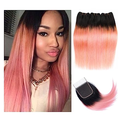 Human Hair Bundles Gerade Bundles mit 4x4-Spitzenverschluss Hot Pink Rose Golden Luxus vorgefärbte Remy-Echthaarverlängerungen human hair weave (Color : Remy Hair, Size : 14 16 18 with 14)