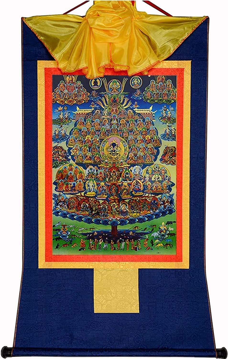 Buddhistischer Wandteppich, Thangka-Wandteppiche, Karma Kagyu auf Zufluchtsbaum, Kamtsang Kagyu, Gyalwa Karmapa, tibetische Thangka-Malkunst, Buddha-Wandteppich mit Schriftrolle (Farbe: Blau, Größe: K