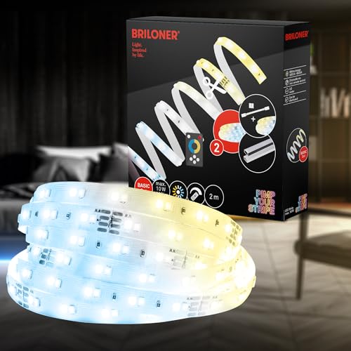 BRILONER - Pimp your Stripe Starter Set 2m LED Strip warmweiß bis kaltweiß, Fernbedienung, 3m Zuleitung, Kürzbar, Selbstklebend, LED Streifen, LED Lichtleiste, Zimmer Deko, Gaming Deko, Lichtband