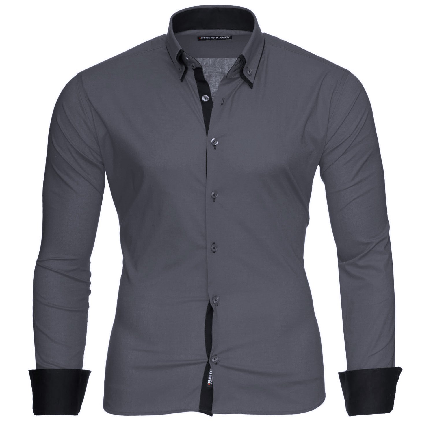 Reslad Hemd Herren Grau Hemden Herrenhemd Männer Hemd Slim Fit Langarm Hemd Grau Business Businesshemden Bügelfrei Hochzeit Anthrazit-Schwarz Gr. M