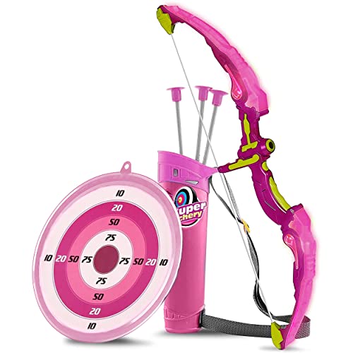 Oramics Bogenschießen Set 1x Zielscheibe 1x Pfeil Halter 3X Saugnapf Pfeile und 1x LED Lichter Bogen für Kinder ab 6 Jahre - Rosa Kinderbogen Spielzeug Bogen-Set für Mädchen - Indoor Outdoor Spiel