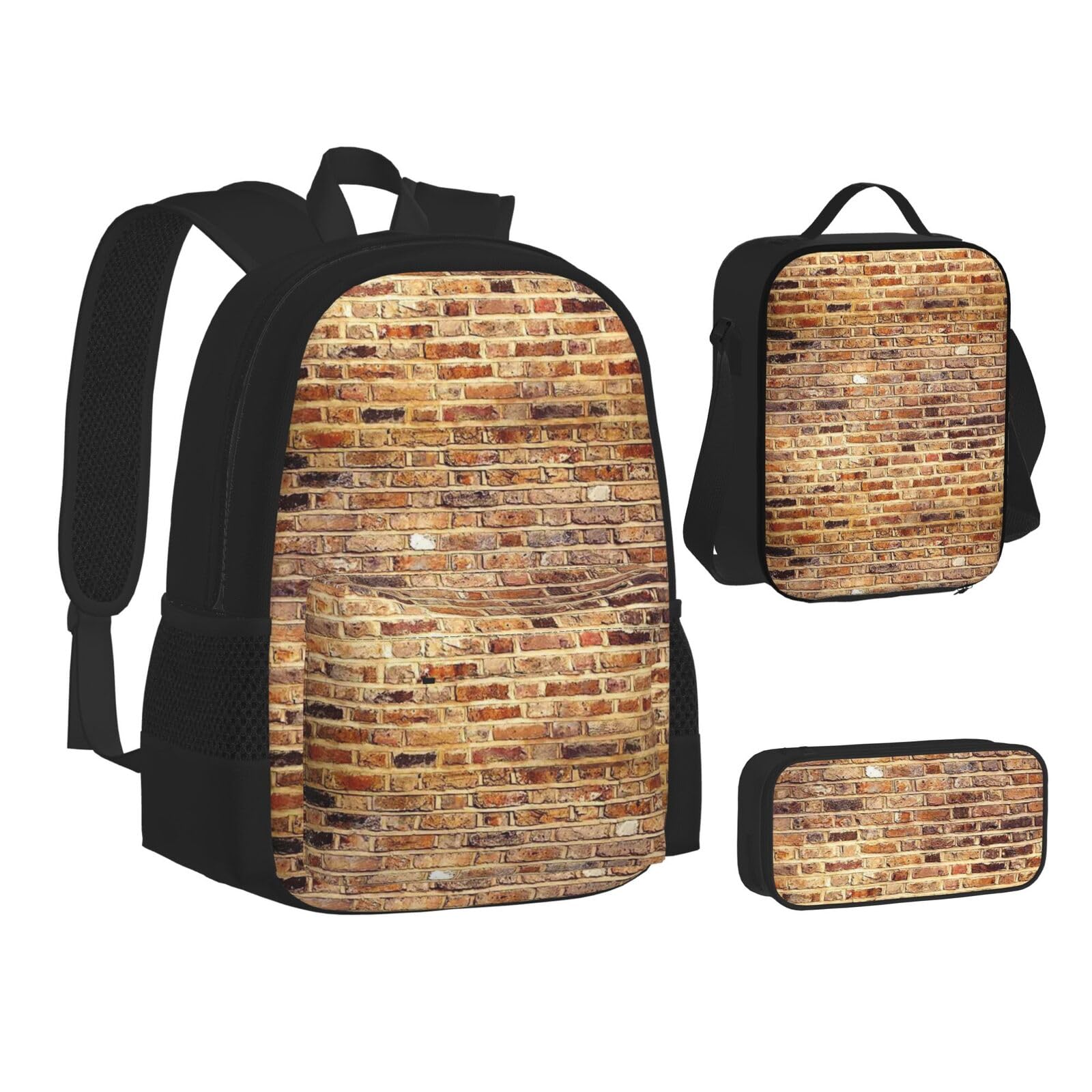 WURTON Industrieller Backsteinmauer-Hintergrunddruck, Teenager-Rucksack, Set mit 3-in-1 (Federmäppchen + Schultasche + Lunchtasche)