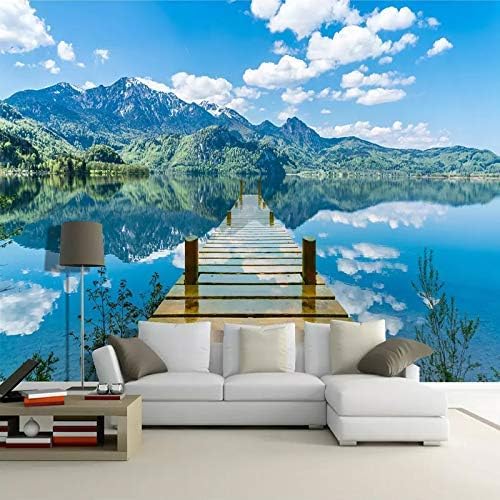 XLMING Blauer Himmel Weiße Wolken Holzbrücke See Naturkulisse Küche Esszimmer Arbeitszimmer Wohnzimmer TV Hintergrund Wand 3D Tapete-400cm×280cm