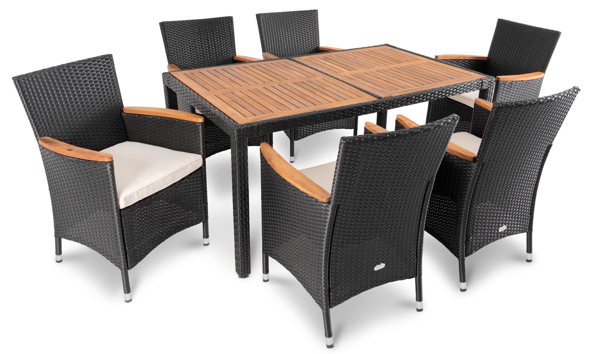 di volio Polyrattan Sitzgruppe Verona - Lounge Gartenmöbel-Set für Garten oder Terrasse, Tisch mit Tischplatte aus Akazienholz + 6 Stühle - Lounge-Set in Rattan-Optik