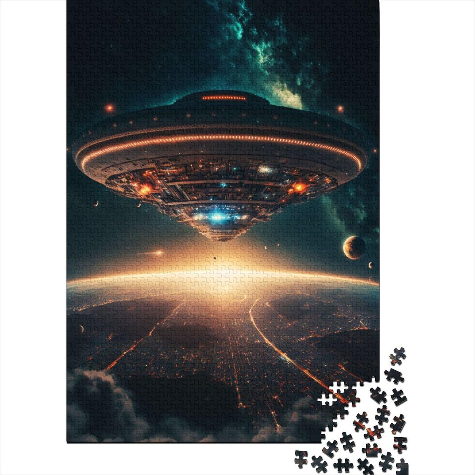 UFO Invade Interstellar Holzpuzzles für Teenager Geschenke Kunstpuzzles für Erwachsene 1000 Teile ganze Familie und die 75x50cm