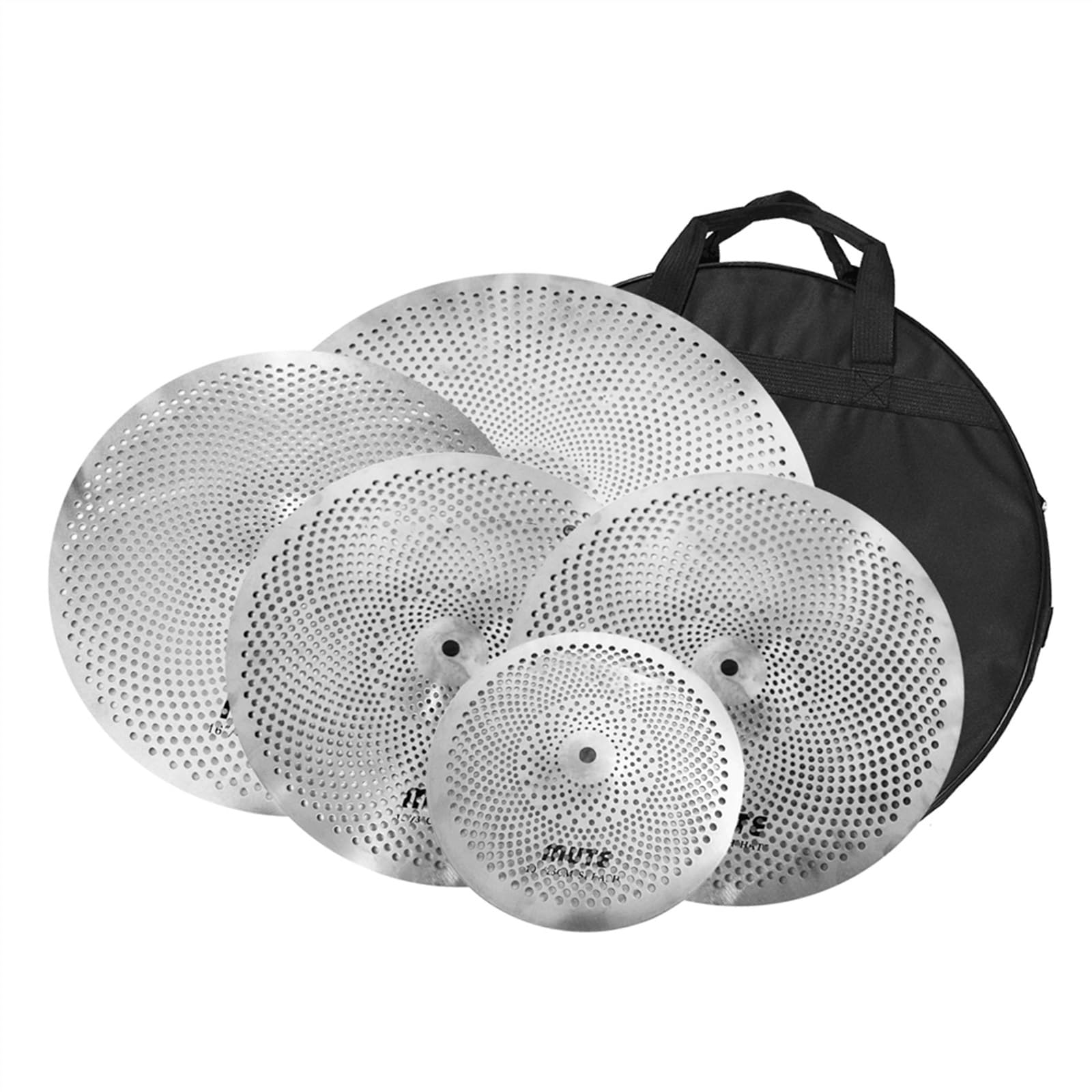 Trommelbecken Silbernes Low-Volume-Beckenset 10 Zoll Splash+13 Zoll Hi-Hat+16 Zoll Crash+20 Zoll Ride+Tasche