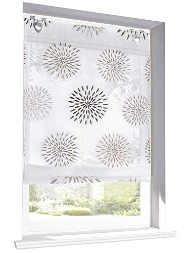 LiYa 1 Stück Raffrollo mit Kreis-Motiven Floral Design Raffgardine Voile Transparent Vorhang (BxH 100x140cm, Braun mit U-Haken)