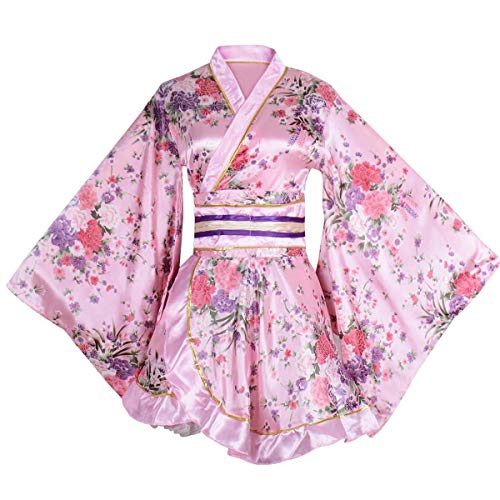 Damen Kimono Kostüm Erwachsene Japanische Geisha Yukata Sweet Floral Patten Gown Blossom Satin Bademantel Nachtwäsche mit OBI Gürtel, 32-pink, Large