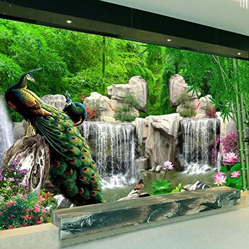 XLMING Natur Szenerie Bambus Wald Wasserfall Pfau 3D Tapete Home Dekoration Wohnzimmer Sofa Schlafzimmer Tv Hintergrund Wand-150cm×105cm