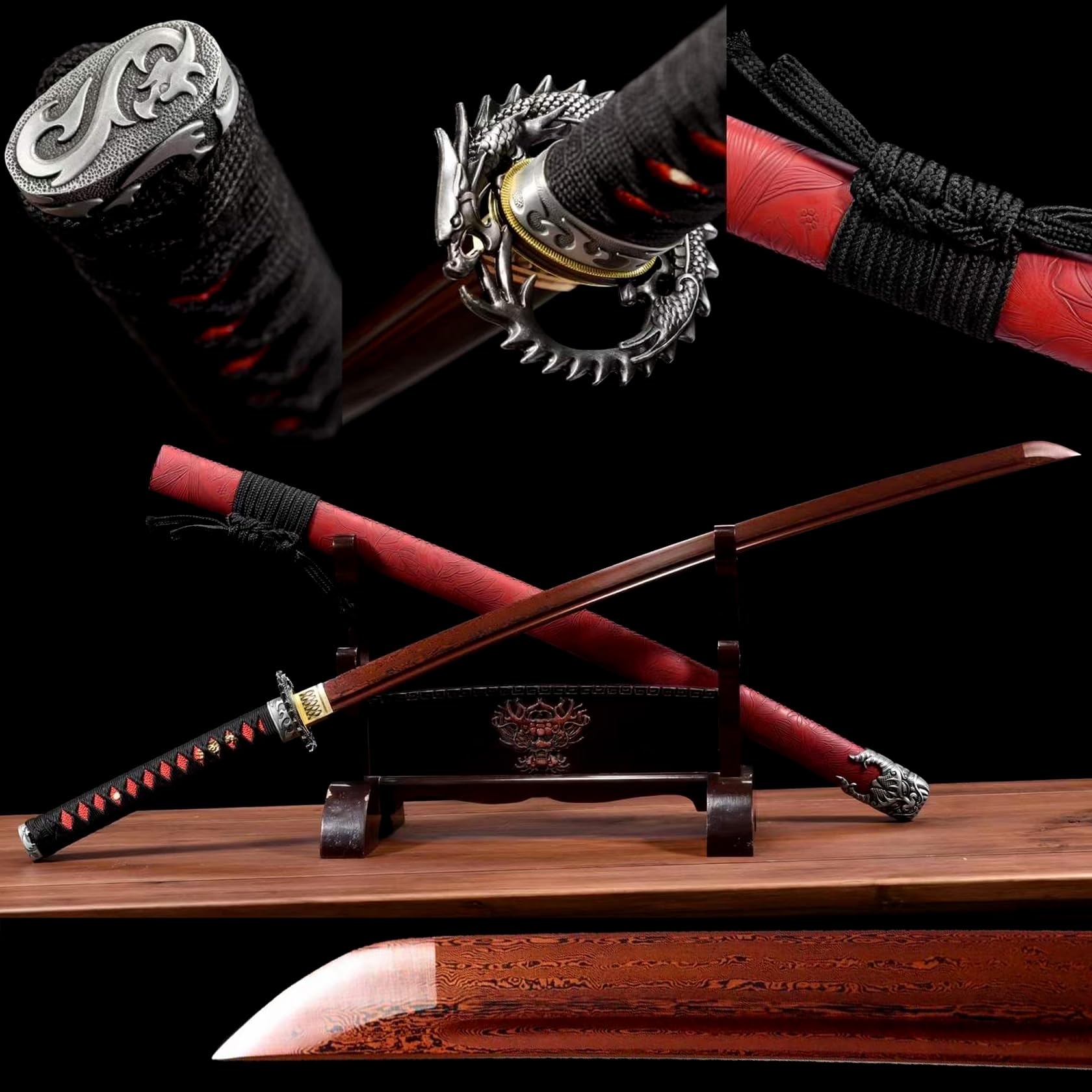 103 cm rotes Katana,Musterstahl Stahlklinge mit rötlichem Finish,Leder umwickelte Holzscheide,handgefertigt Echt Samurai-Schwert für Kendo,Geschenke,Dekoration,Sammlung,Ausstellung,Cosplay