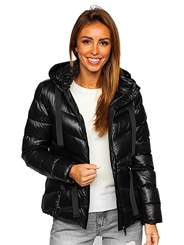 BOLF Damen Winterjacke Steppjacke mit Kapuze Daunenjacke Reißverschluss Sportjacke Zip Wärme Freizeit Outdoor Basic Casual Style 23066 Schwarz XL [D4D]