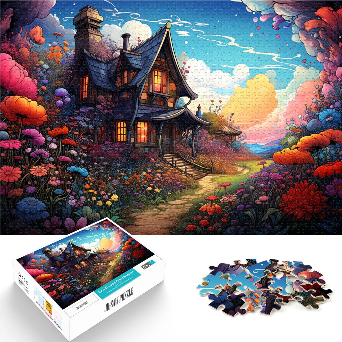 Puzzle für farbenfrohes psychedelisches Blumenhaus mit Kunst, 1000 Teile, Puzzle für Erwachsene, Holzpuzzle für Familienspaß und Spieleabend, 1000 Teile (50 x 75 cm)