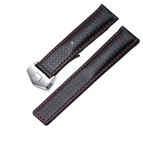 SCRUBY Kohlefasertextur echtes Lederboden -Uhrband für SCHILD Armband schwarz mit roter Liniegurt 20 mm mit Klappschnalle(Black red silver,22mm)