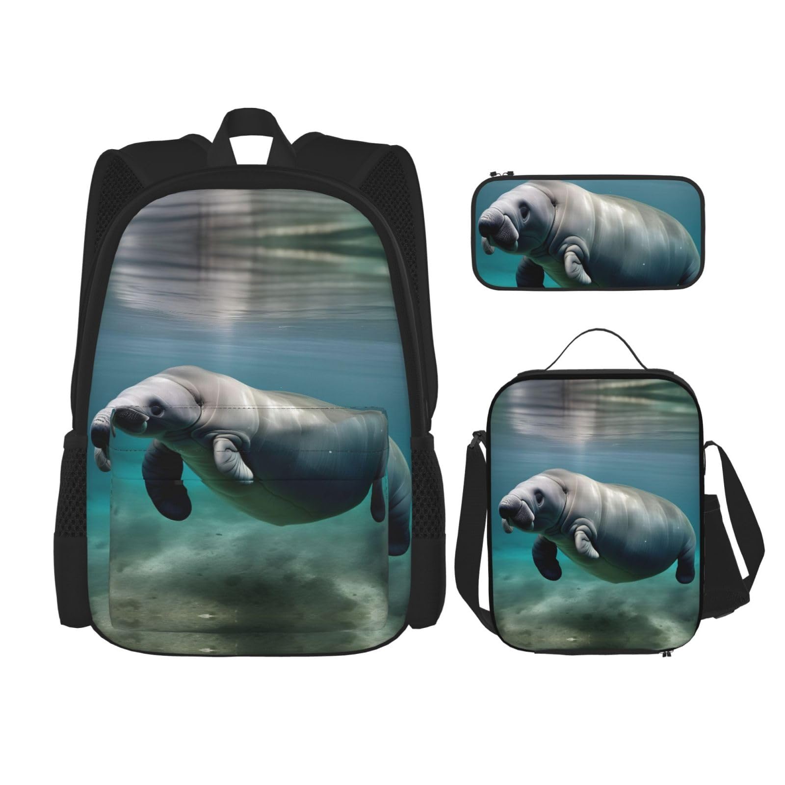 WURTON Manatee Tierdruck Lunchbox Federmäppchen Rucksack Set 3 Stück Verstellbare Träger Langlebig Leicht, Schwarz, One Size