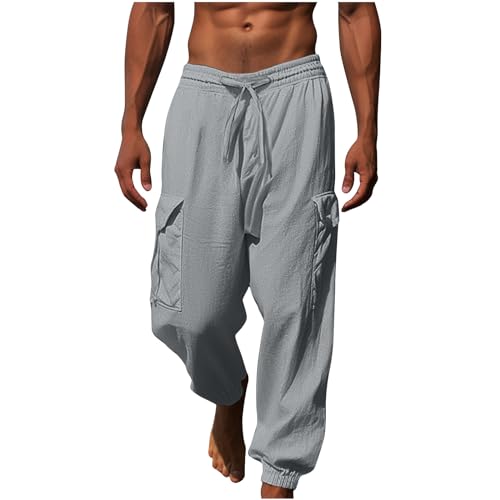 CSHE Herren-Jogginghose Leinenhose mit Langen Seitentaschen Atmungsaktive Sommer-Jogginghose Lockere Und Bequeme Haremshose Pumphose mit Weitem Bein Einfarbige Freizeithose Pants