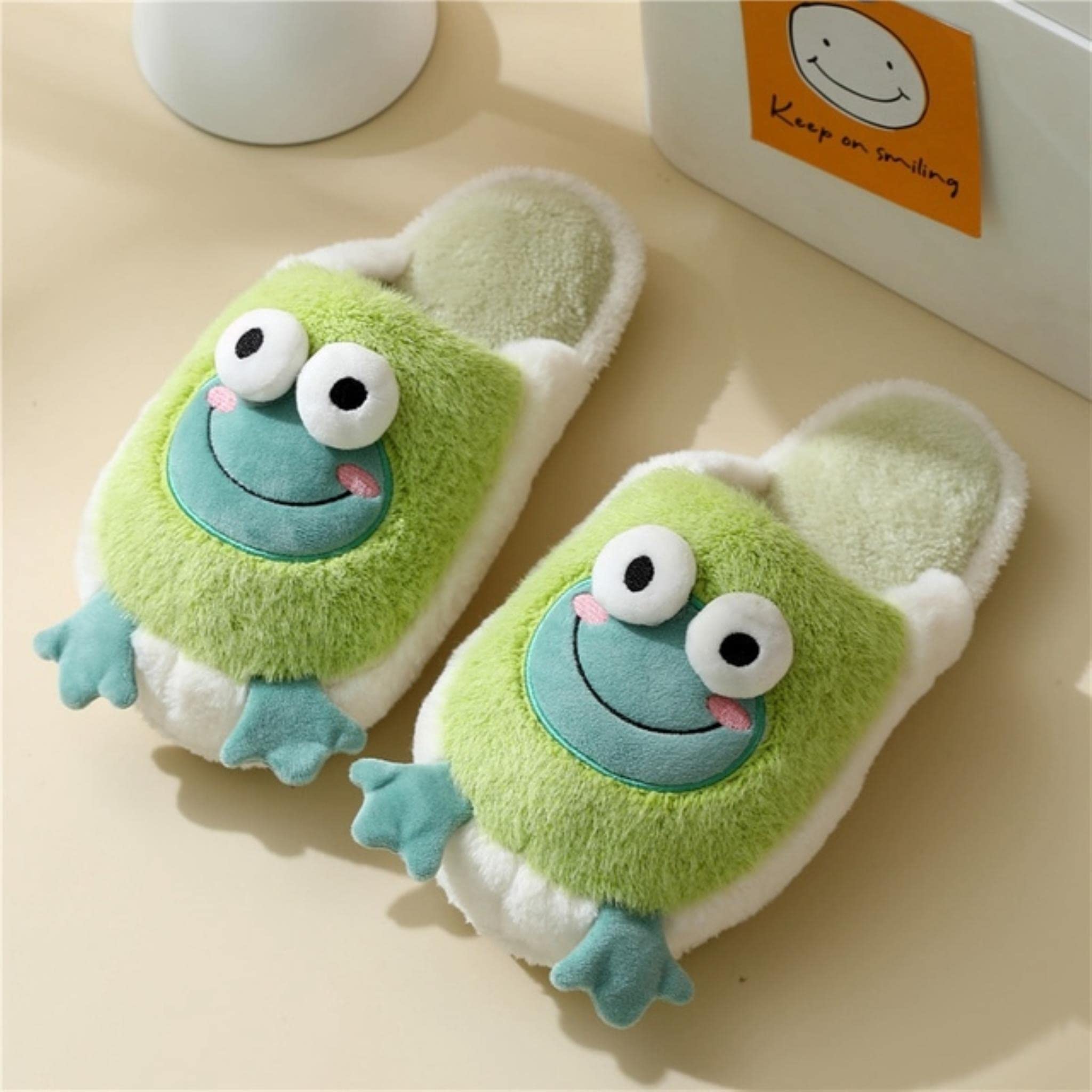 SHUIZONG Frauenpelzungstoffe Cartoon Frosch Pantoffeln Bären Hausschuhe Winter Süße Hausschuhe Herrenhäuserinnen Frauen -Pantoffeln Frauen Pantoffeln-Green Flat,40-41(Fit 39-40)