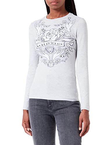 Love Moschino Damen Tight-fitting Long Sleeves With Rose And Hands Print With Transparent Rhinestones T Shirt, Melange Light Gray, 38 EU