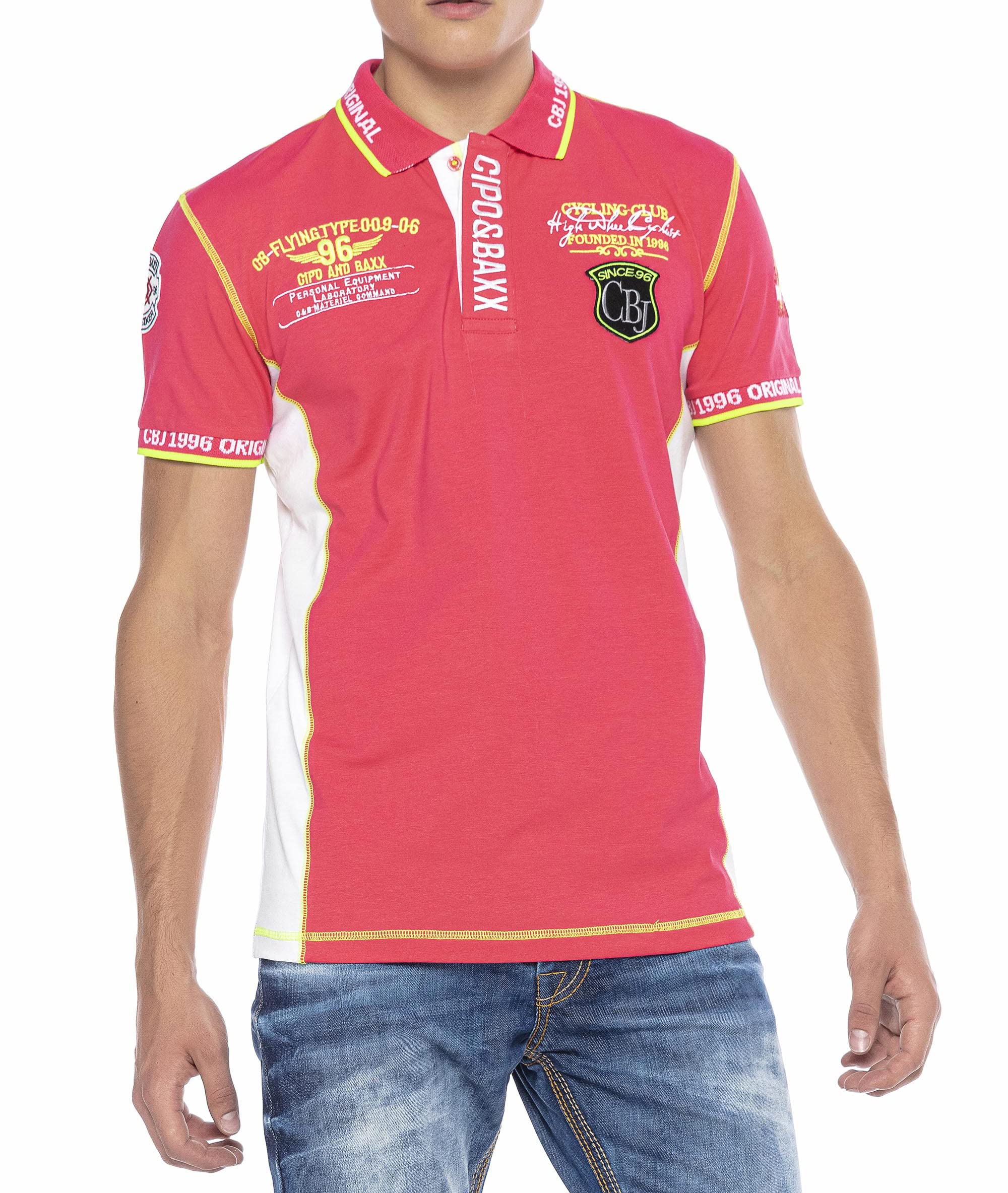 Cipo & Baxx Herren Poloshirt Kontrastfarben Prints Badges Freizeit Baumwolle Shirt CT605 Fuchsia L