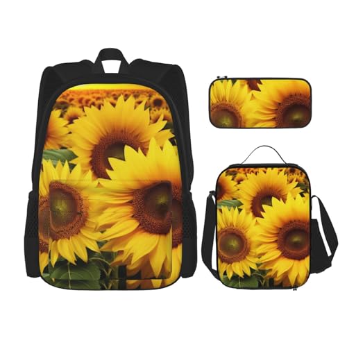 DENMER Mehrzweck-Schultasche mit Holzmaserung und passendem Federmäppchen und Lunchtasche - Ihre stilvolle All-in-One-Lösung, Sonnenblumenmuster, Einheitsgröße