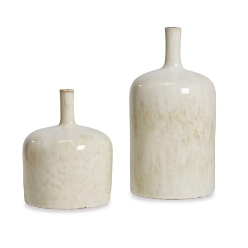 Loberon® Vase 2er Set Kurys, Dolomitgestein, Klein: H/Ø 16cm/12cm, Groß: H/Ø 24/12 cm, Creme, Creme