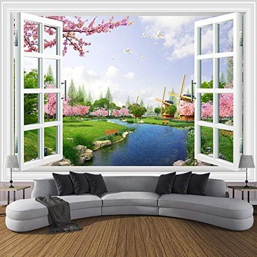 Meadow River Kirschblüten-Windmühle 3D Tapeten Wanddekoration Fototapete Sofas Wohnzimmer Wandbild Schlafzimmer-400cm×280cm