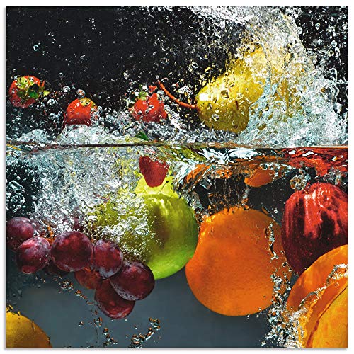 Artland Spritzschutz Küche aus Alu für Herd Spüle 60x60 cm Küchenrückwand mit Motiv Essen Obst Früchte unter Wasser Erbeeren Trauben Orange S6JP