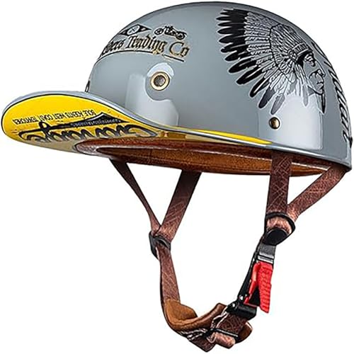 Vintage-Motorradhelm Für Männer Und Frauen, Erwachsene, Offene Motorradhelme, Retro-Halbhelm, Modische Baseballkappe, ECE-Geprüfter Neuartiger Offener Rollerhelm C,L(58-60) CM