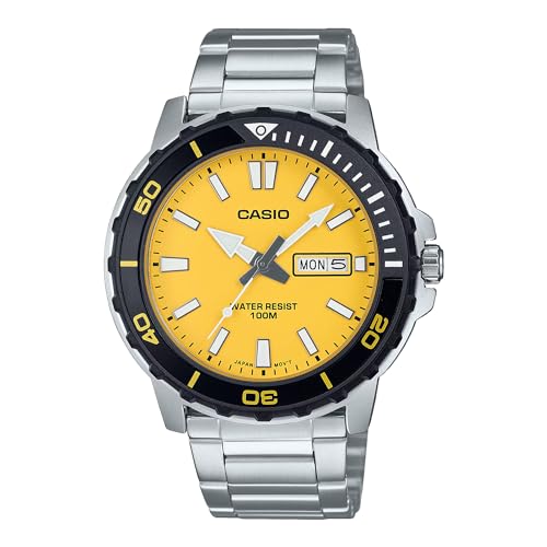 Casio MTD125D-9AV Herren-Armbanduhr, Marine-Sport, Edelstahl, gelbes Zifferblatt, Tag und Datum, 100 m analoge Uhr, silber, Sportlich