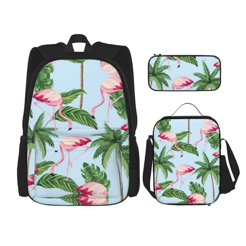 WURTON Rucksack mit tropischem Flamingo-Druck, 3-in-1 Büchertasche-Set mit Lunchbox, Federmäppchen, Reise, Laptop, Tagesrucksack