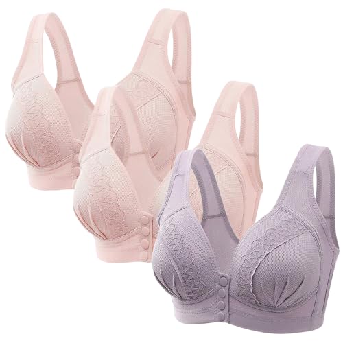 3er Pack Klassische Minimizer BH Ohne Bügel Push Up Sport BH Bequem Verschluss Vorne BH mit Breite Träger Damen Bustier mit Gepolstert Glamorise BH Lila Rosa 110B