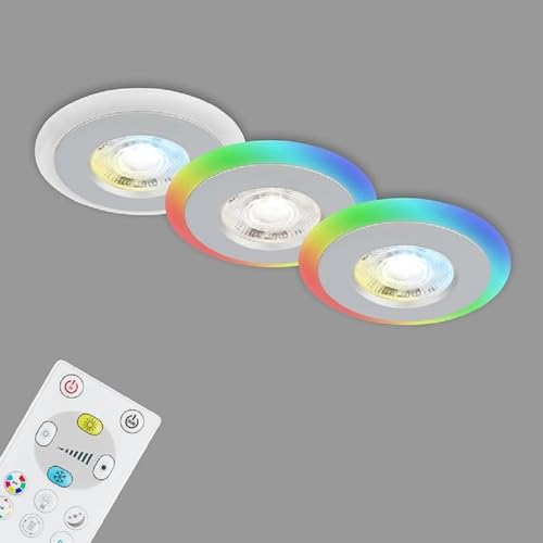 Briloner Leuchten - 3er Set Einbauleuchten Decke LED, LED Lichtring RGB CCT, Einbaulampen flach LED, Einbaustrahler Bad, Badeinbaustrahler IP44, Chrom-Matt, 84x34 mm (DxH)