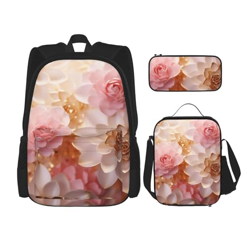 DENMER Mehrzweck-Schulranzen mit Leopardenmuster und passendem Federmäppchen und Lunchtasche - Ihre stilvolle All-in-One-Lösung, Rosa / Weiß / Gold Blumen, Einheitsgröße